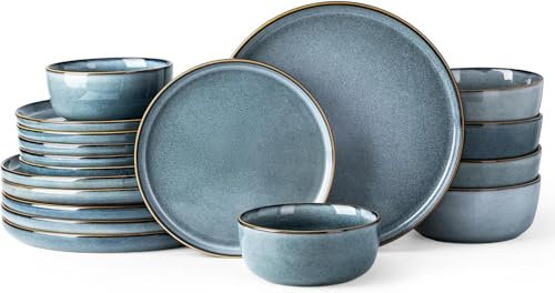 GBhome Stoneware Dinner Sets for 6 People, 18 Pieces Handcrafted Embossed Plates and Bowls Set, Scratch Resistant Dinnerware Set, Dishwasher & Microwave Safe Crockery Set (Space Blue, Set of 18)
