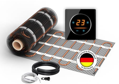 Elektrische Fußbodenheizung: Zweiader-Heizmatte WARMON ULTRA 200 W/m² mit WiFi-Thermostat OKE-25 Touch und schwarzem Garda Glass-Abdeckrahmen, Thermostat:OKE25 Garda Schwarz, Mattengröße:1,5 m²