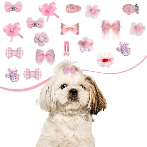 Ptwola 20 Rosa Hunde Haarschleifen Süße Welpen Schleifen Haar Accessoires mit Gummibändern Perlen Verziert Haustiere Haarschmuck für das Styling und die Fellpflege Kleiner Hunde