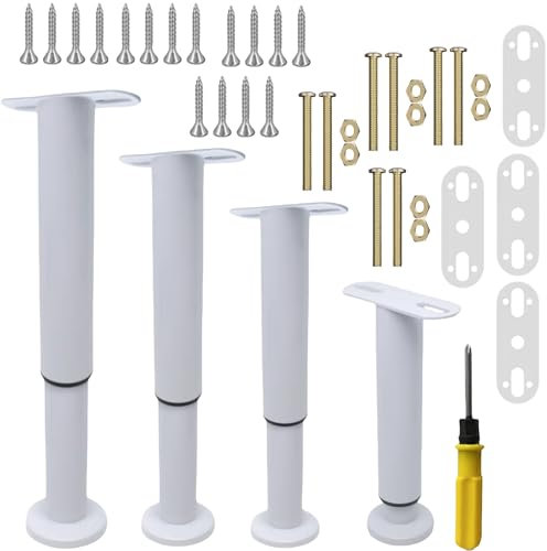 CNKHDZ 4 Pack Pieds de Lit Ajustables18-32cm,Blanc Pieds de Meuble Rétractables,Pieds de Table,Pieds T-Forme en Métal,Support pour Sommier,Pieds Réglables en Hauteur pour Sofa,Lit,Armoire,Cabinet