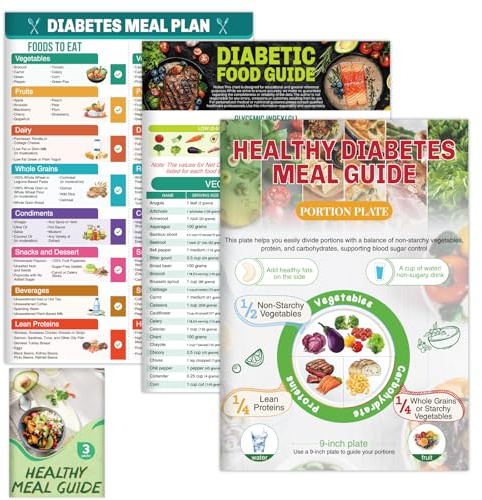 Franimo Lot de 3 tableaux de liste des aliments pour diabète, brochure imprimable pour guide de repas pour diabétiques de type 1 avec portion, indice glycémique (IG), protéines, glucides, calories