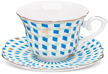 fanquare Blue Diamond Grip Cup and Saucer Set Elegant Ceramic Coffee Cup with Silver Border Modern Afternoon Tea Cup with Spoon for Party Home Office 200ml