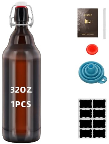 eispap 1Pc 32 oz 1Pack Amber Glass Beer Bottles for Home Brewing with Flip Caps Refillable Brown Glass Storage Bottle with Swing Top Lids, Amber Iron Clasp Bottle 1000ML 1 Pack