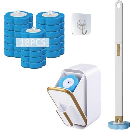 iAnomla Gold Toilettenbürste mit 18 Stück Reiniger Nachfüllungen Schwamm | Verlängertem Griff und Halter-Set WC-Bürsten, für Badezimmerreinigung, Waschbecken, Badewanne - Ocean Fresh Duft