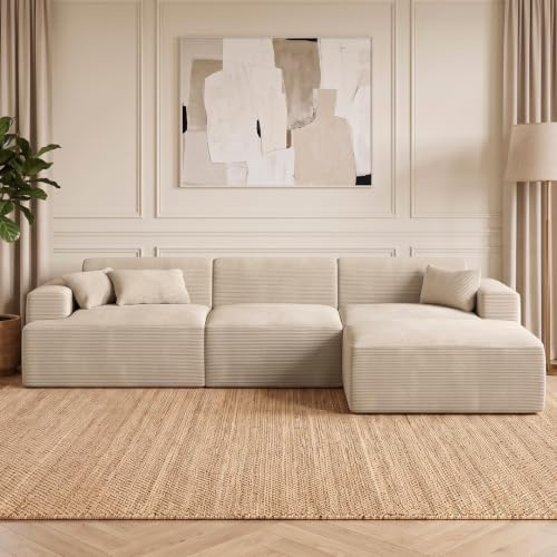 skølm Freki Cloud Couch aus Cord, 3-Sitzer, Beige, 3 Kissen, mit Hocker