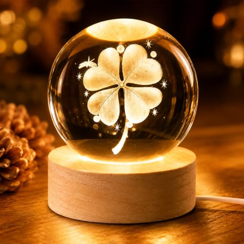 SPERMUOY Glücksbringer,60 mm Kristallkugel Vierblättriges Kleeblatt Glücksbringer Prüfung LED Glas Kugel mit Holzsockel Dankeschön Geschenke für Frauen Freundin Weihnachten Hochzeit Valentinstag