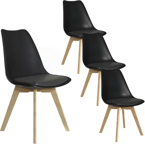 YLGJ&TIDY Skandinavisches Esszimmerstühle 4er Set Upholstered Birke Holzbeine Küchenstühle Kunstleder Gepolstertem Retro Schalenstuhl für Wohnzimmer Schlafzimmer Büro (Schwarz, 4 Stücke)