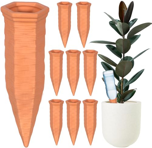 CIANBIFN 8 Piezas Autoriego Macetas Interior Autoriego, Dosificador Agua Plantas Riego para Macetas en Vacaciones, Cono de riego de arcilla adecuado para botellas de vino, Terracota