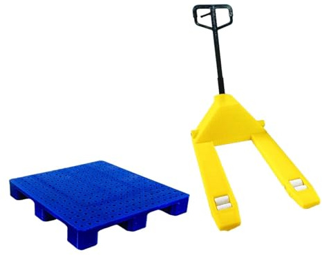 harayaa Modèle Réduit de Chariot élévateur à L'échelle 1/18 avec Transpalette Manuel, Décor, Outils et Accessoires. Fabriqué en Polypropylène (PP) pour Co, Jaune avec Palette