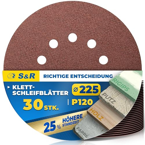 S&R Schleifpapier 225mm Klett P120, 10-Loch, Schleifgiraffe 225mm | Schleifscheiben, 30-tlg für Exzenterschleifer, Langhalsschleifer (Schleif-Giraffe), Schleifpapier für Wand, Decke, Gipskarton