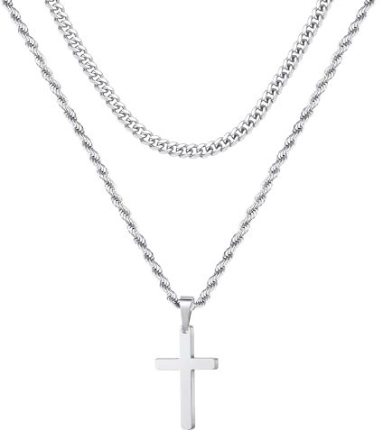 M MOOHAM Kreuz Kette für Herren, 2er-Set Edelstahl Silber Gold Schwarz Halskette Kubanische Kette Geschichtet Kreuz Anhänger Abschluss Geburtstag Geschenke für Männer Junge