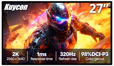 Kuycon P27S 2K Monitor 27 Pollici Gaming Minimalist senza supporto | 2560x1440 320Hz, IPS 1ms, USB-C 40Gbps 100W Ricarica, HDMI2.1 48Gbps, DP1.4, 400nit 10bit, P3 98%