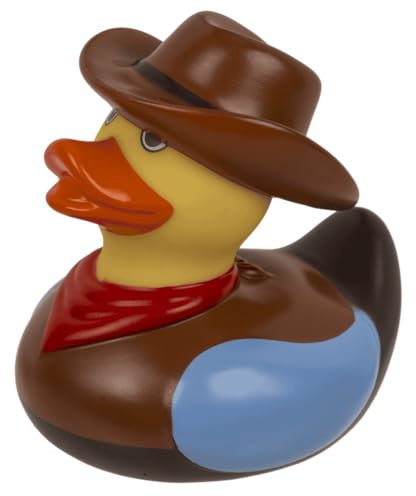 Palleon Cowboy Gummiente - Quietscheente als Witziges Geschenk | Ca. 10 cm große Badeente mit Cowboy-Kostüm – als Deko, Mitbringsel oder Party-Gag