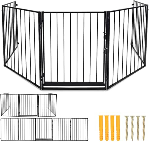 Peviasot Kaminschutzgitter mit Tür Metall 304 cm | Kamingitter Absperrgitter faltbar | Tierschutzgitter | Türschutzgitter für Kinder-Sicherung | 5-teilig Elemente (je 60 x 76 cm) Schwarz