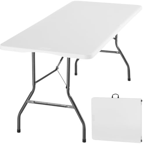 tectake® Mesa Plegable Camping Portatil 70 x 180 x 74 cm, Mesa Auxiliar Jardin, Mesas Plegables, Campismo, Asa de Transporte, Cierre de Seguridad, Carga 120 kg - Blanco