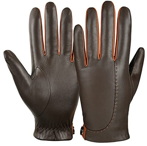 GSG Herren-Lederhandschuhe, Winterhandschuhe, Schaffell, Touchscreen, Motorradhandschuhe für kaltes Wetter, warm, italienischer Luxus, Braun / Orange, Small