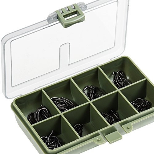 FLADEN 80 Assorted Barbless Curved and Wide Gape CARP FISHING HOOKS (Size 4, 6, 8 and 10) in Multiple Section Tackle Storage Box - 15cm x 12cm x 3cm
