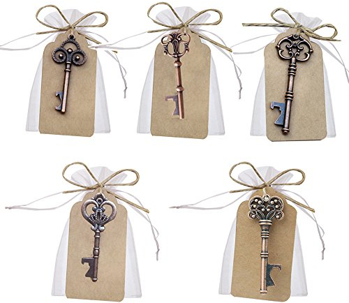 Awtlife Lot de 50 sachets avec décapsuleurs en forme de clé vintage pour dragées de mariage 5 styles