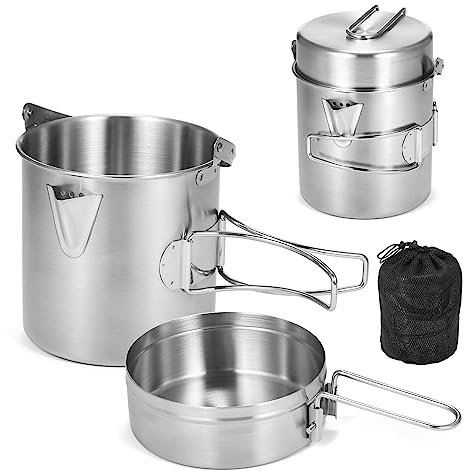 Lixada Camping-Topf, Edelstahl, leicht, Wasserkocher, Flasche oder Topf mit faltbarem Griff und doppelter Abdeckung, für Camping, Wandern, Rucksackreisen, Picknick