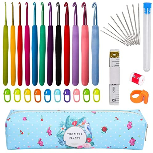 JOZEA Häkelnadeln Set, 12 Größen Stricken Nadel, Bunte Ergonomische, Weiches, Häkeln Stricken Nadeln, mit tragbaren Tasche, mit Zubehör, geeignet für Häkelliebhaber und Anfänger, blau