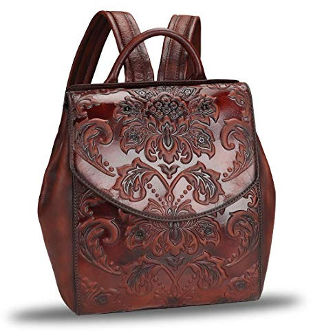 Modischer Rucksack aus echtem Leder für Damen, Vintage, geprägt, echtes Leder, Rucksack, Tagesrucksack, Kaffee, Medium, Retro