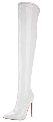 LUXMAX Donna Stivali Alti sopra Il Ginocchio Tacco a Spillo Alto in Vernice Scarpe a Punta con Cerniera (Bianco) - 38 EU