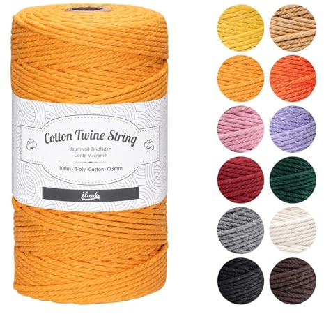 Baumwollgarn Baumwollkordel,ilauke Premium 100m Makramee Garn 4-lagig Baumwollgarn Baumwollschnur Makramee für Stricken Wandbehang Blumenampel Pflanze Aufhänger Boho Deko, DIY Basteln(Gelb)