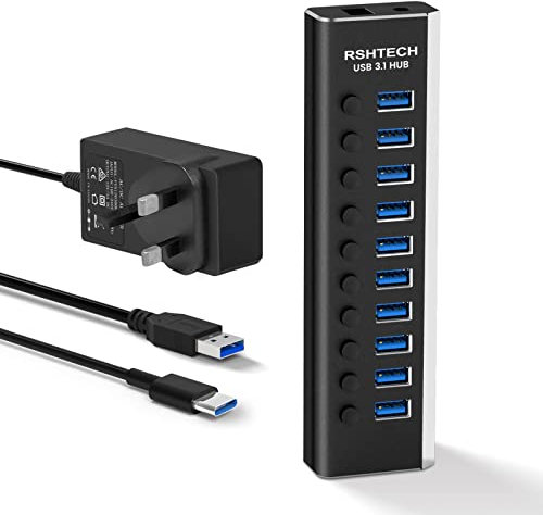RSHTECH Powered USB C 3.2 Hub, 10Gbps Aluminum 10-Port USB 3.1/3.2 Gen 2 Splitter with 12V/3A 36W Power Adapter, 2ft Type-C Cable & 3.3ft Type-A Cable (RSH-A10S)