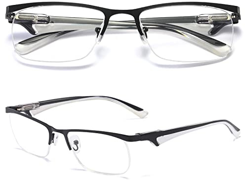 MAGIMODAC Lesebrille Blaulichtfilter Halbrahmen Lesebrillen Rechteckige Lesehilfe Federscharnier Metall Sehhilfe mit PU Leder Etui für Herren Damen (Weiß, 2.00)