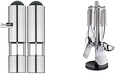 WMF Elektrische Mühle Set 2-teilig,21 cm & Profi Plus Küchenhelfer Set 7-teilig, Ständer mit 6 Helfern, Schöpflöffel, Schaumlöffel, Wokwender, Wender, Schneebesen, Gemüseschäler, spülmaschinengeeignet