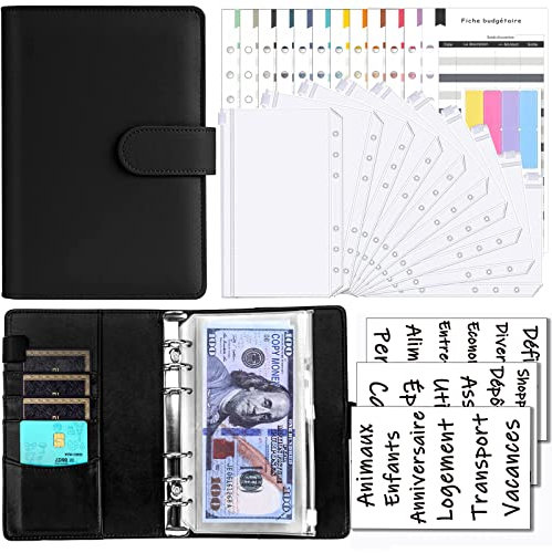 Mrssbea Classeur Set, Classeur A6 en PU Cuir Planner avec 10 PVC Enveloppe Budget, 12 Feuilles , 20 Catégories en Français