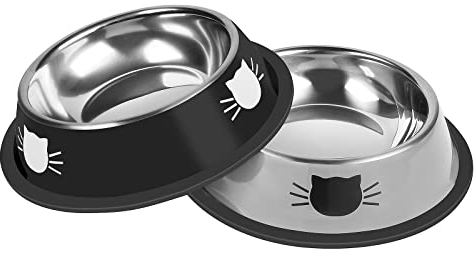 Serentive 2Pcs Cat Bowls Non-Slip Stainless Steel Small Cat Food Bowls Unbreakable Thicken Cat Feeder 7 Oz Cat Dishes Suitable for Indoor Small Pets Removable Rubber Base Easily Clean Lovely Color