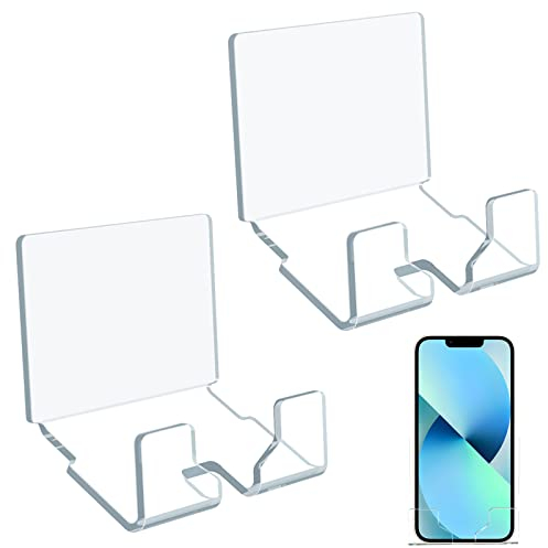 Kamehame Wall Phone Holder Acrylic 2 Pcs Clear Wall Mounted Smartphone Holder Cell Phone Charging Stand Storage Organizer Bracket Compatible with All Phone for Bathroom, Kitchen, Office and More