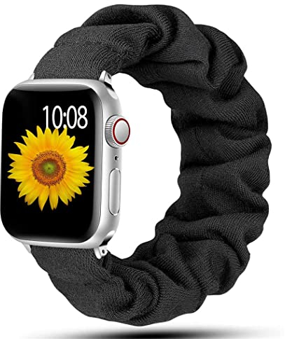 Elastico Scrunchie Cinturino Compatibile con Apple Watch 49mm 45mm 44mm 42mm per Donna,Morbido Nylon Cinturino Sportivo Cinturini in Tessuto Stampato per iWatch Ultra Series 8 7 6 SE 5 4 3,Black,L