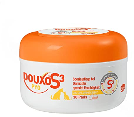 DOUXO S3 PYO Pads |für Hunde & Katzen | Baumwoll-Pads | Pflege gegen Bakterien & Hefepilze | Feuchtigkeitsspendend Reinigungspads | Hypoallergener Duft | 30 Stück