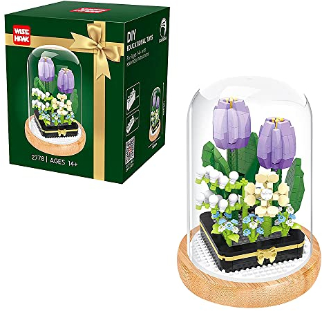 Fiotha Blumen Bausteine Set, mit Schutzhülle, für Geschenk zum Valentinstag, Muttertagsgeschenk, Kunstpflanzen Bausteine für Erwachsene Mit Staubschutz, Weihnachten, Erntedankfest (Lila Tulpe)