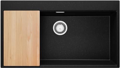 PRIMAGRAN Fregadero Cocina Negro Metallic 88x50cm, Granito 1 Seno + Sifón + Tabla de cortar, Sobre encimera al mueble 90cm - Oslo