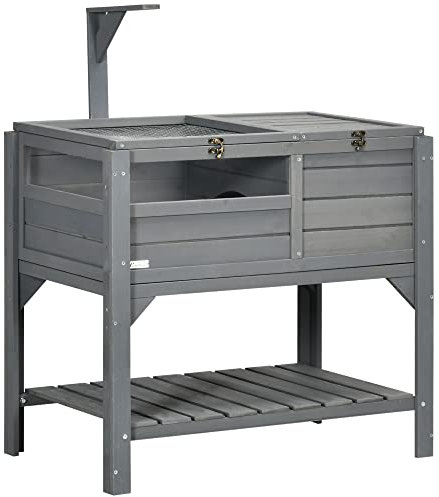 PawHut Tortoise House w/Shelf, Small Pet Reptile Wooden House w/Hide Shelter Den and Run, Lamp Holder, Tray, for Indoors, Outdoors - Grey