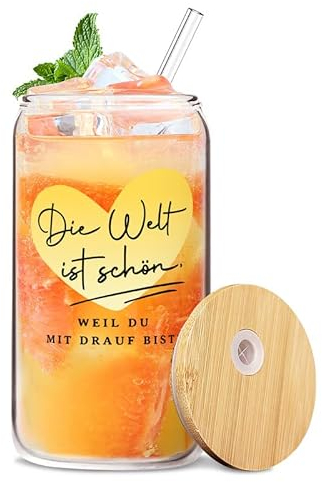 Juratar Geschenke für Frauen Männer Cocktailgläser mit Deckel und Strohhalm - Die Welt ist schön, Weil du mit Drauf bist | Geschenk zum Thema Freundschaft/Liebe/Familie