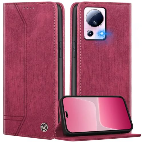 FMPCUON Handyhülle Kompatibel mit Xiaomi 13 Lite Leder Hülle Glatter Touch,Flip Wallet Case Handytasche Tasche Klappbar Schutzhülle für Xiaomi 13 Lite,Rotwein