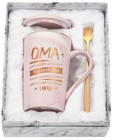 Joymaking Keramik Kaffeetasse Geschenk für Oma zum Weihnachten Geburtstag Muttertag, 400ml Rosa Tasse Oma Geschenk Weihnachten Geburtstaggeschenk Kaffeetasse mit Spruch - Du hast ja schon UNS