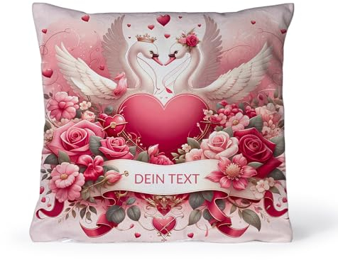 PICANOVA Kissen mit Text – Geschenk zum Valentinstag – Individuell mit Ihrem Text – Doppelseitig bedrucktes Kissen in 40x40 cm mit Reißverschluss & Füllung – Personalisiertes Geschenk – Heart 2 Swans