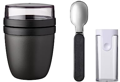 Mepal - Klapplöffel Set mit Lunchpot Ellipse - Praktischer Joghurtbecher & Müslibecher - Unterteilung für Joghurt & Müsli - Geeignet für Gefrierschrank, Mikrowelle & Spülmaschine - Nordic Black