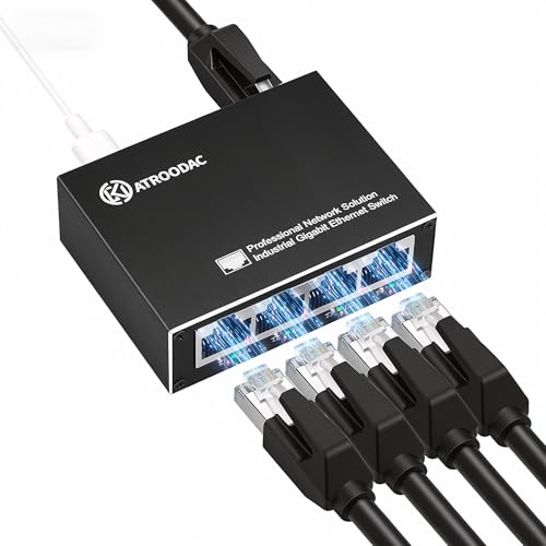 ATROODAC 5-Port Gigabit Netzwerk Switch, USB-C Stromversorgung, Plug & Play | 10/100/1000 Mbit/s Ethernet Switch, lüfterlos, Metallgehäuse, Kompakt, IP40 für PC, Router, Spielkonsole, Schreibtisch