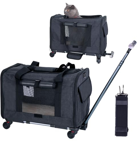 FLYAMAPIRIT Mobile Haustiertragetasche für kleine mittelgroße Hunde Katzen Tragbare Reisetragetasche mit Teleskopgriff und abnehmbaren Rädern