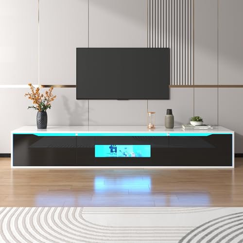 BTM TV Cabinet, TV Stand Cabinet, High-gloss TV Unit with 4 LED lighting Modes & 16 Colors, Wall Mounted/Floor Mounted, 180 * 35 * 30 cm