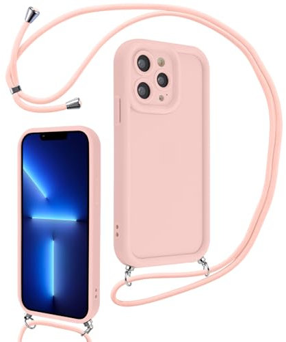 Coalbooliy Cover per iPhone 13 Pro 6,1 con Cordino per Cellulare, Custodia Silicone con Regolabile Collana Sottile Morbida Case Protezione della fotocamera Antiurto con Necklace, Rosa