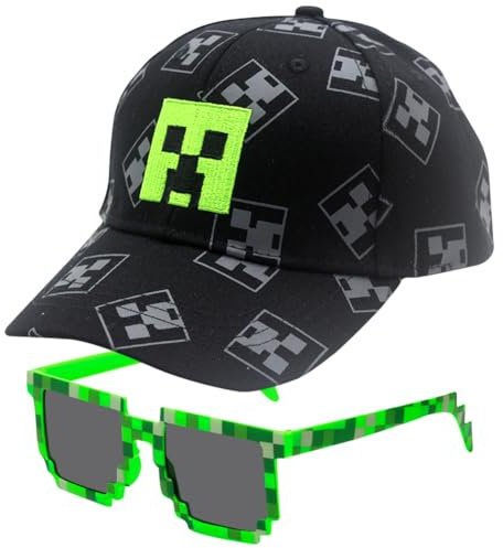 TIUASHR Minnecrafft Baseballmütze Baseball Cap Kinder, 2PCS Minnecrafft Baseballkappe und Sonnenbrille Sonnenhut Verstellbar Baseboard Mütze Basecap Kappe Cap Sonnenmütze für Kinder Ab 3 Jahren