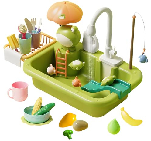 RoserRose Spielspüle Spielzeug mit elektrischem Wasserhahn, Spielzeugzubehör für Spielküche, schwimmendes Angelspielzeug für Wasserspiel, Rollenspiel für Kinder (Kleiner Frosch)