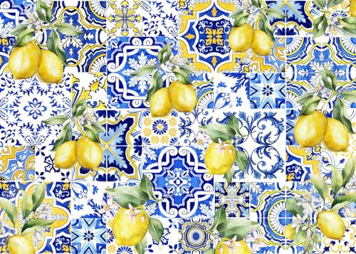 DULUDA 8x6 FT Blue Tiles Lemon Backdrop Summer Fruit Baby Shower Birthday Lemon Wall Paper Dessert Table Cloth Photography Background Italian Tiles Lemon Party Decorations Banner Photo Booth Props